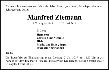 Traueranzeige von Manfred Ziemann von Lübecker Nachrichten