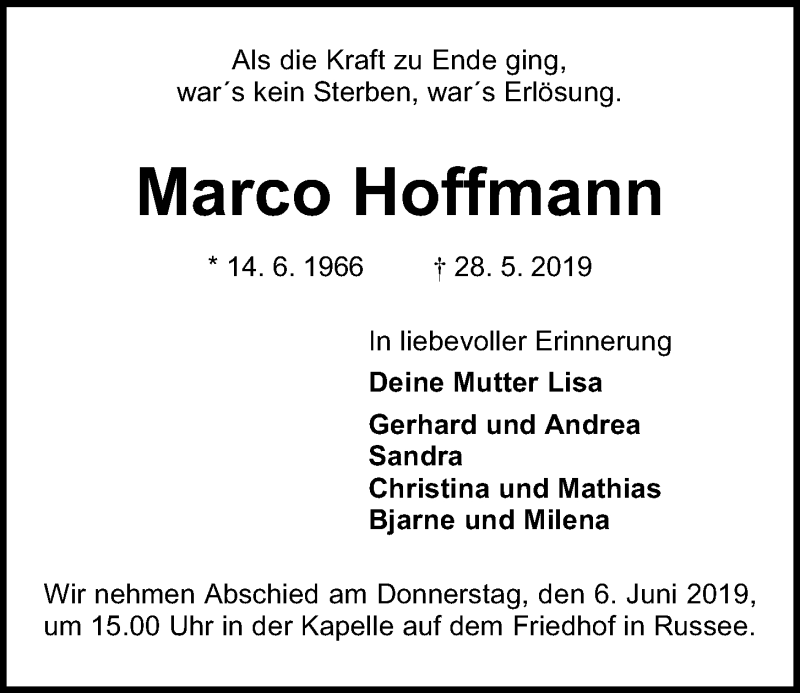  Traueranzeige für Marco Hoffmann vom 01.06.2019 aus Kieler Nachrichten