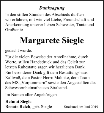 Traueranzeige von Margarete Siegle von Ostsee-Zeitung GmbH