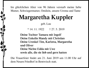 Traueranzeige von Margaretha Kuppler von Ostsee-Zeitung GmbH