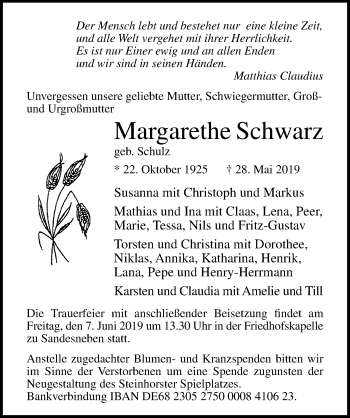 Traueranzeige von Margarethe Schwarz von Lübecker Nachrichten