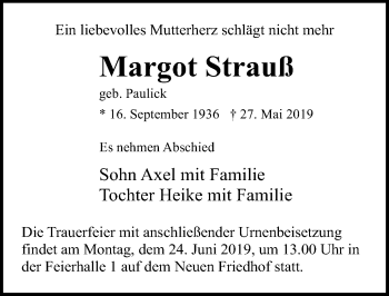 Traueranzeige von Margot Strauß von Ostsee-Zeitung GmbH