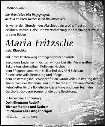 Traueranzeige von Maria Fritzsche von Torgauer Zeitung