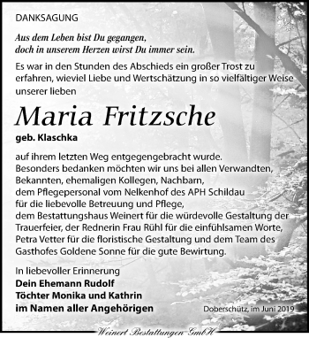 Traueranzeige von Maria Fritzsche von Leipziger Volkszeitung
