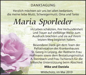 Traueranzeige von Maria Sporleder von Leipziger Volkszeitung