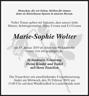 Traueranzeige von Marie-Sophie Wolter von Märkischen Allgemeine Zeitung