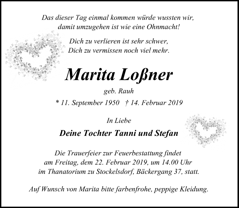  Traueranzeige für Marita Loßner vom 20.02.2019 aus Lübecker Nachrichten
