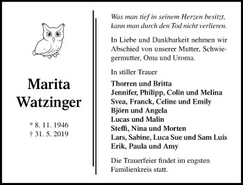 Traueranzeige von Marita Watzinger von Lübecker Nachrichten