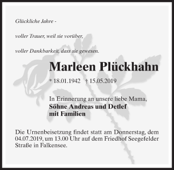 Traueranzeige von Marleen Plückhahn von Märkischen Allgemeine Zeitung