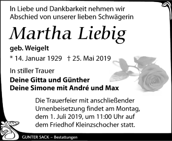 Traueranzeige von Martha Liebig von Leipziger Volkszeitung