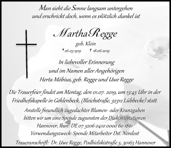 Traueranzeige von Martha Regge von Hannoversche Allgemeine Zeitung/Neue Presse