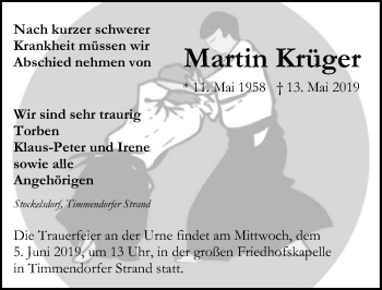 Traueranzeige von Martin Krüger von Lübecker Nachrichten
