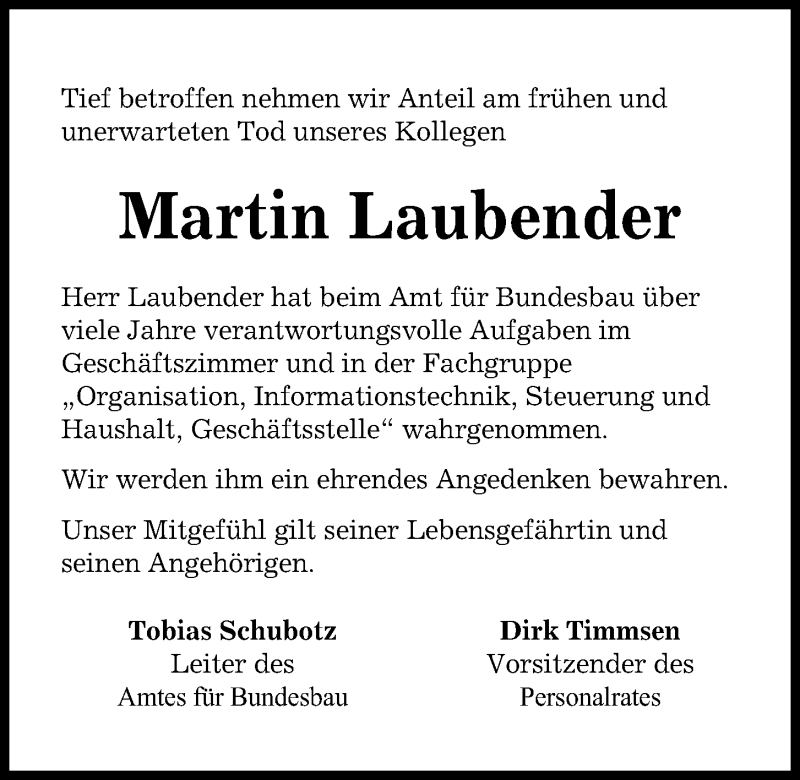  Traueranzeige für Martin Laubender vom 08.06.2019 aus Kieler Nachrichten