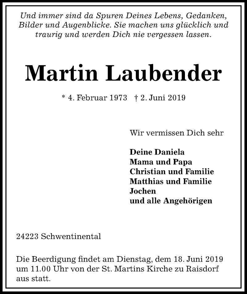  Traueranzeige für Martin Laubender vom 15.06.2019 aus Kieler Nachrichten