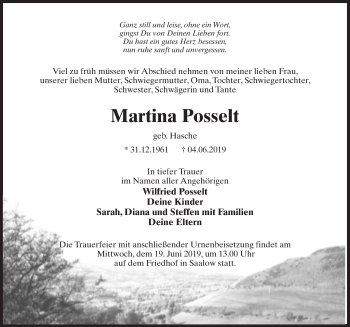 Traueranzeige von Martina Posselt von Märkischen Allgemeine Zeitung
