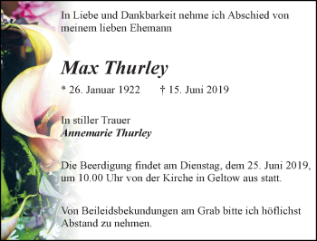 Traueranzeige von Max Thurley von Märkischen Allgemeine Zeitung