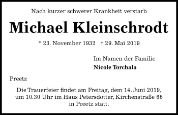 Traueranzeige von Michael Kleinschrodt von Kieler Nachrichten