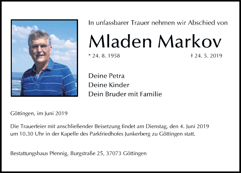  Traueranzeige für Mladen Markov vom 01.06.2019 aus Göttinger Tageblatt