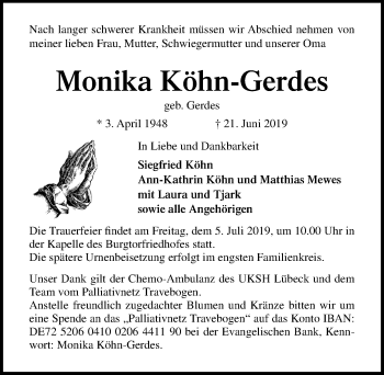 Traueranzeige von Monika Köhn-Gerdes von Lübecker Nachrichten