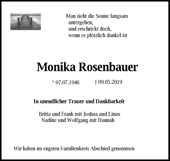 Traueranzeige von Monika Rosenbauer von Kieler Nachrichten