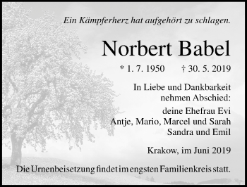 Traueranzeige von Norbert Babel von Ostsee-Zeitung GmbH
