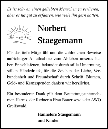 Traueranzeige von Norbert Staegemann von Ostsee-Zeitung GmbH
