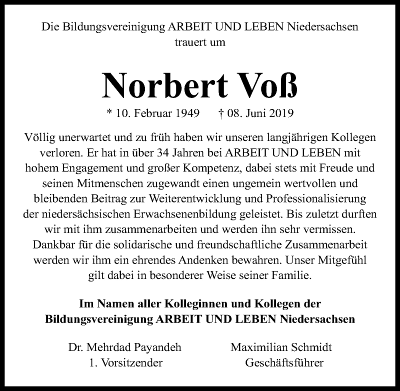  Traueranzeige für Norbert Voß vom 15.06.2019 aus Hannoversche Allgemeine Zeitung/Neue Presse