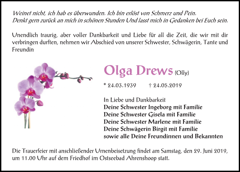 Traueranzeige für Olga Drews vom 15.06.2019 aus Ostsee-Zeitung GmbH