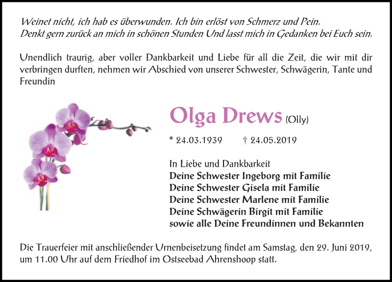  Traueranzeige für Olga Drews vom 08.06.2019 aus Ostsee-Zeitung GmbH