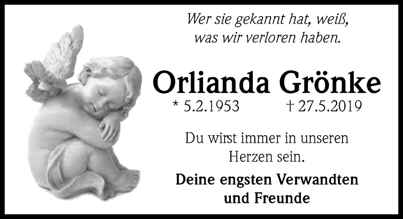  Traueranzeige für Orlianda Grönke vom 01.06.2019 aus Peiner Allgemeine Zeitung
