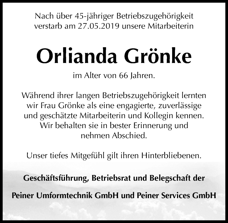  Traueranzeige für Orlianda Grönke vom 05.06.2019 aus Peiner Allgemeine Zeitung