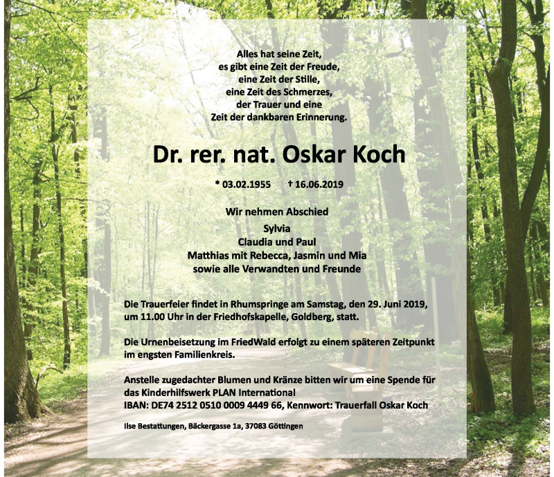  Traueranzeige für Oskar Koch vom 22.06.2019 aus Göttinger Tageblatt