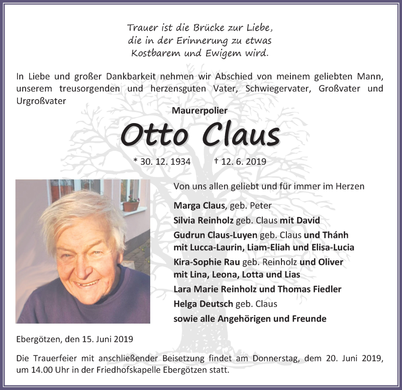  Traueranzeige für Otto Claus vom 15.06.2019 aus Göttinger Tageblatt