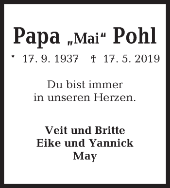 Traueranzeige von Papa Mai Pohl von Kieler Nachrichten