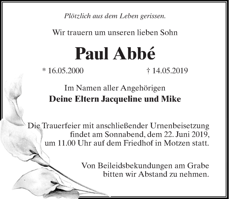  Traueranzeige für Paul Abbé vom 15.06.2019 aus Märkischen Allgemeine Zeitung