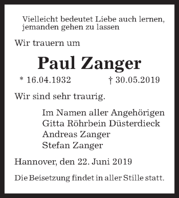 Traueranzeige von Paul Zanger von Hannoversche Allgemeine Zeitung/Neue Presse