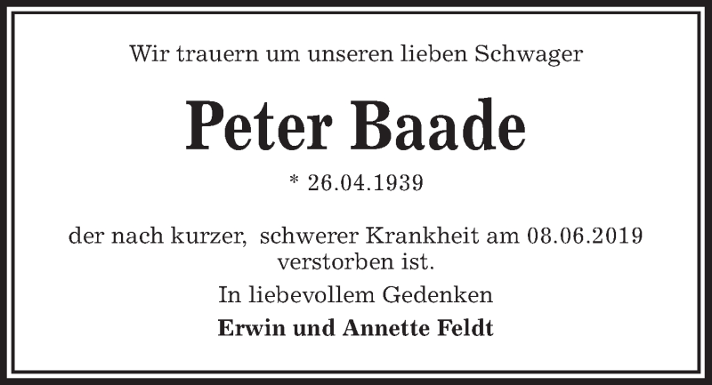  Traueranzeige für Peter Baade vom 15.06.2019 aus Kieler Nachrichten