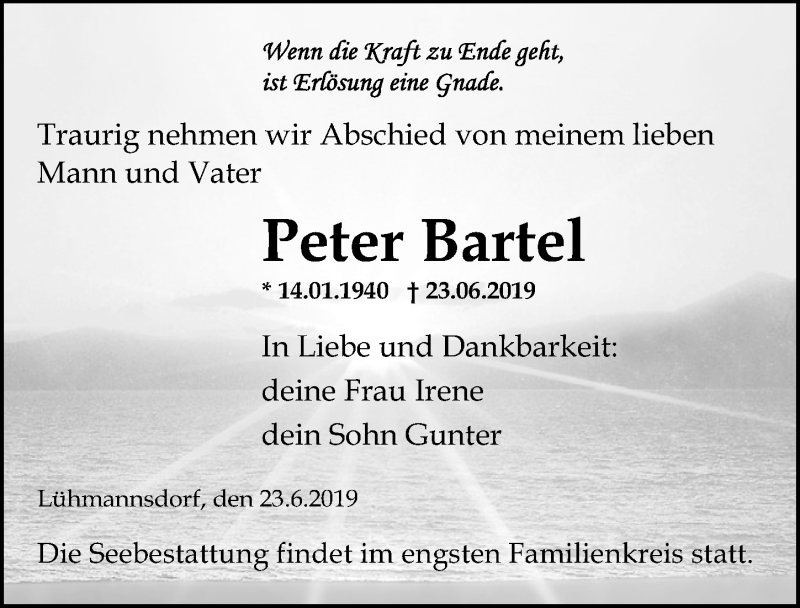  Traueranzeige für Peter Bartel vom 29.06.2019 aus Ostsee-Zeitung GmbH