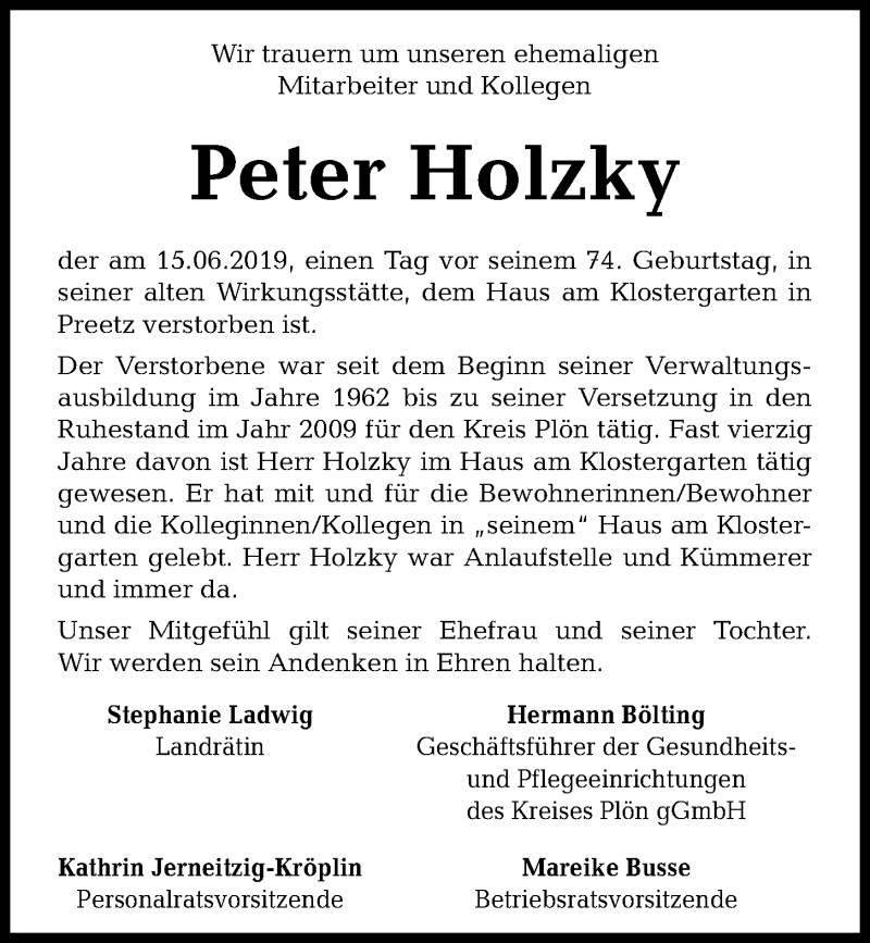  Traueranzeige für Peter Holzky vom 22.06.2019 aus Kieler Nachrichten