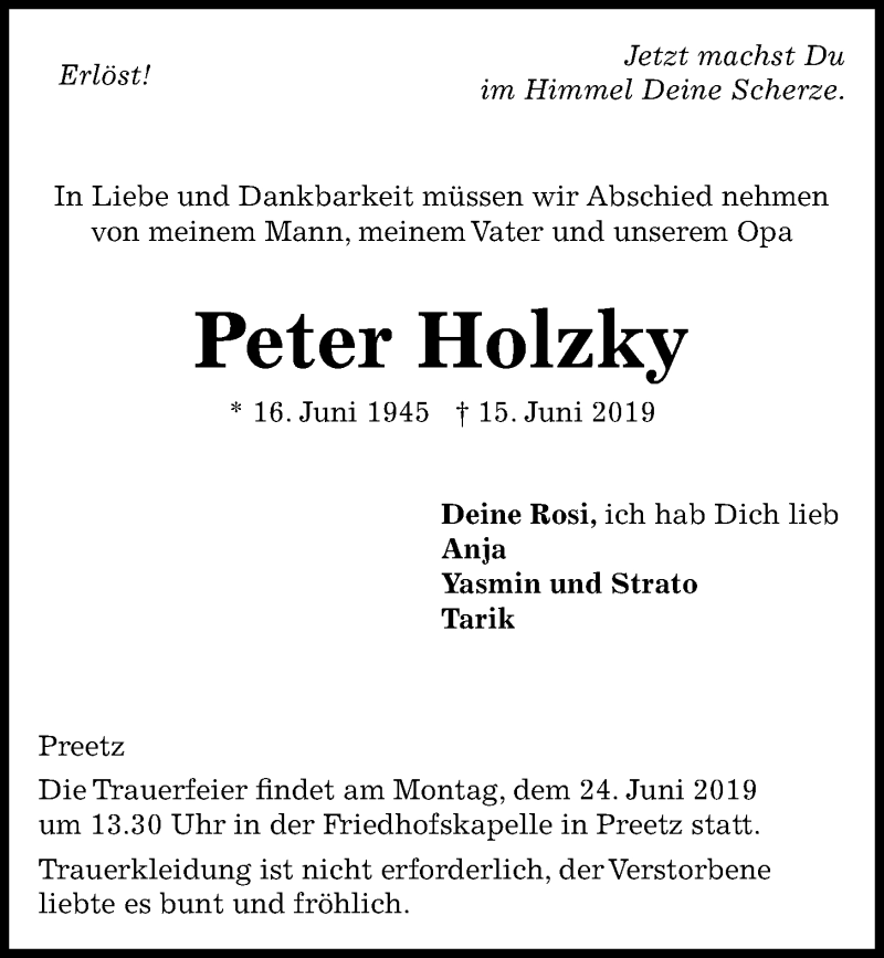  Traueranzeige für Peter Holzky vom 22.06.2019 aus Kieler Nachrichten