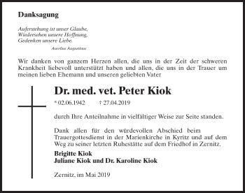 Traueranzeige von Peter Kiok von Märkischen Allgemeine Zeitung