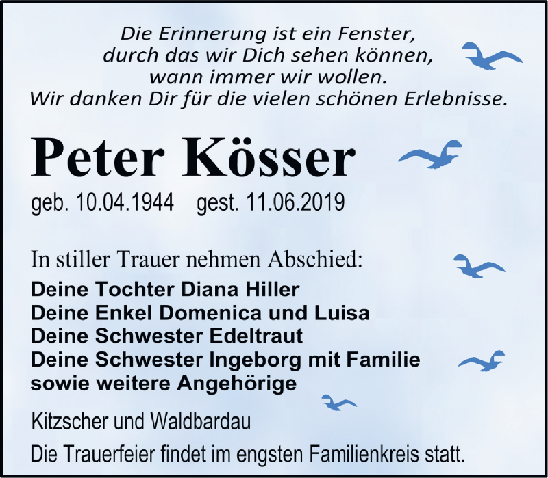  Traueranzeige für Peter Kösser vom 22.06.2019 aus Leipziger Volkszeitung