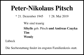 Traueranzeige von Peter-Nikolaus Pitsch von Lübecker Nachrichten