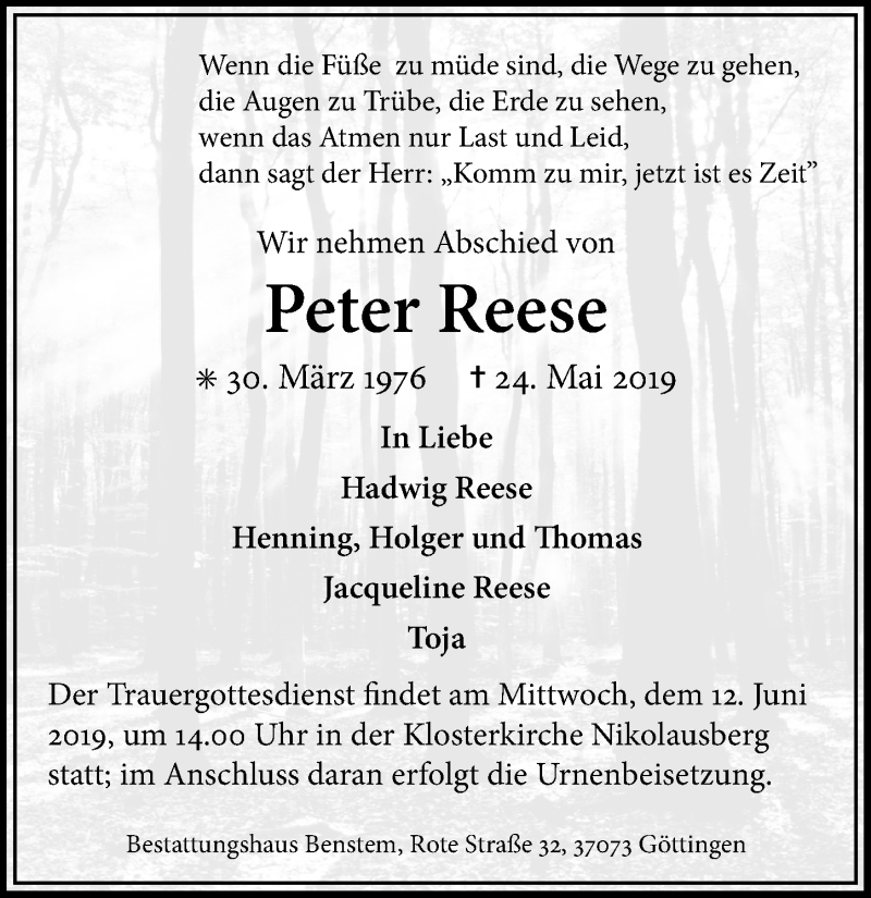  Traueranzeige für Peter Reese vom 08.06.2019 aus Göttinger Tageblatt