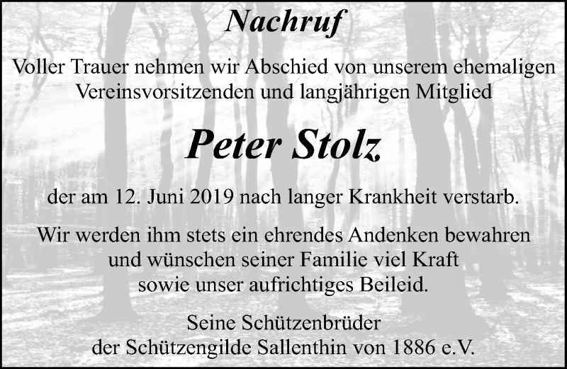  Traueranzeige für Peter Stolz vom 15.06.2019 aus Ostsee-Zeitung GmbH