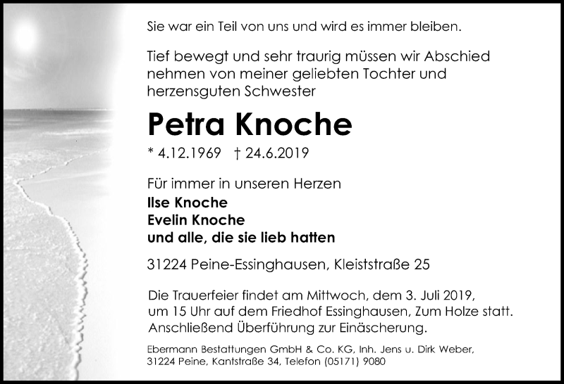  Traueranzeige für Petra Knoche vom 27.06.2019 aus Peiner Allgemeine Zeitung