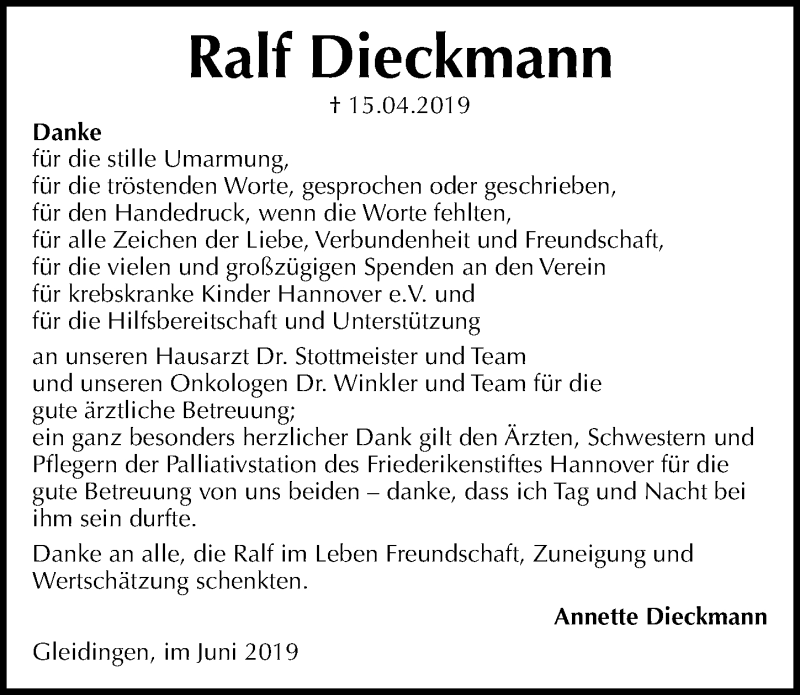  Traueranzeige für Ralf Dieckmann vom 29.06.2019 aus Hannoversche Allgemeine Zeitung/Neue Presse