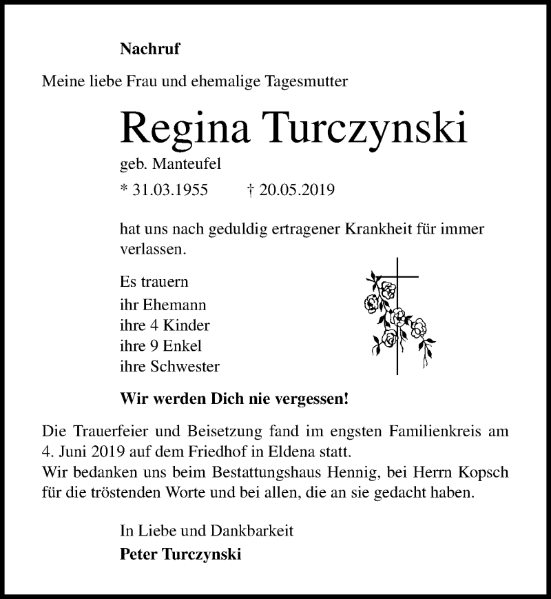  Traueranzeige für Regina Turczynski vom 08.06.2019 aus Ostsee-Zeitung GmbH