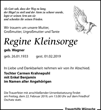 Traueranzeige von Regine Kleinsorge von Leipziger Volkszeitung