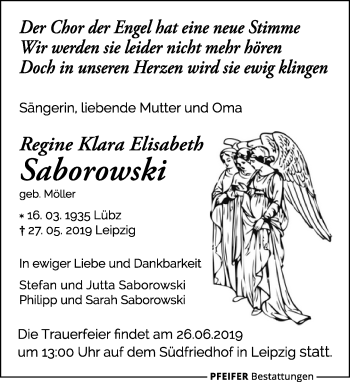 Traueranzeige von Regine Klara Elisabeth Saborowski von Leipziger Volkszeitung